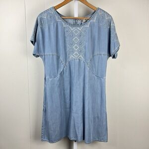 Anthropologie Holding Horses Dress‎ Womens XS Blue Chambray Embroidered Western